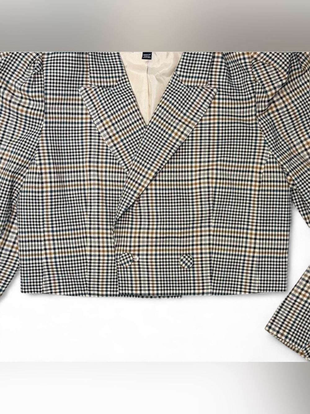 INC International Concepts Cropped Plaid Blazer in Black and Tan - Picture 3 of 8